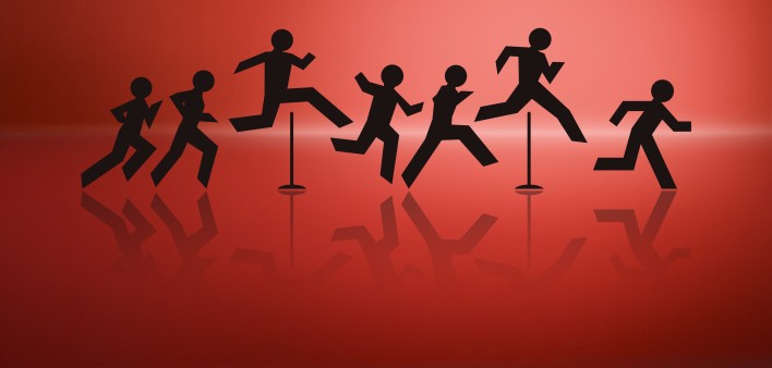 an illustration of cut out figures jumping over hurdles