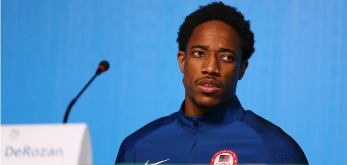Olympic champion DeMar DeRozan during men's basketball team USA press conference at Rio 2016 Olympic Games Press Center