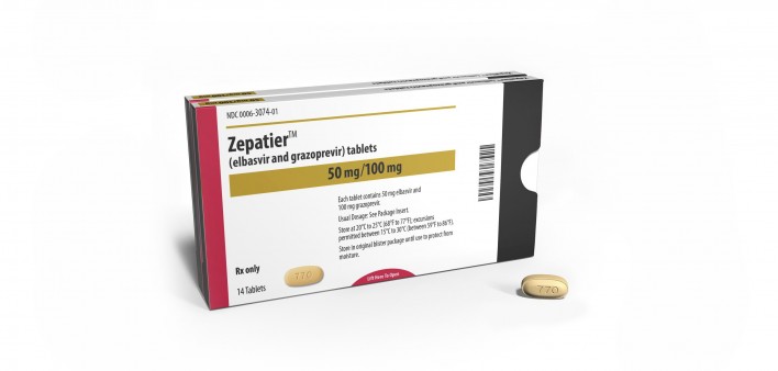 HCV drug Zepatier package and pill 
