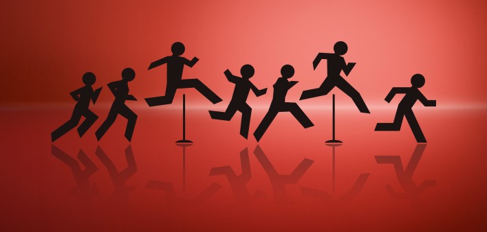 an illustration of cut out figures jumping over hurdles