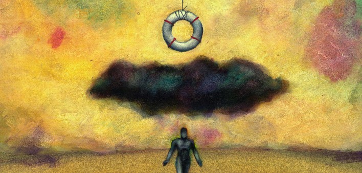 illustration of life preserver hanging over a black cloud and dark figure