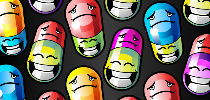 illustration of colorful pills with smile and frown faces