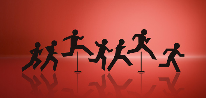 an illustration of cut out figures jumping over hurdles