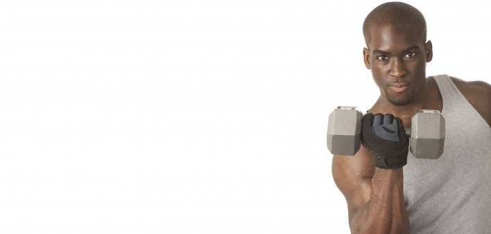 an African American man doing a bicep curl with a dumbell