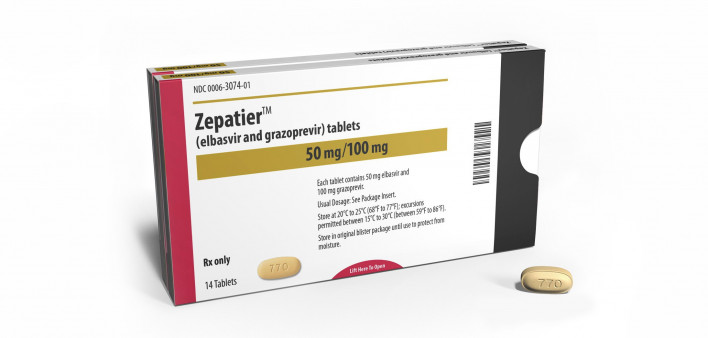 HCV drug Zepatier package and pill 