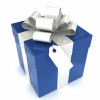 a blue gift box with a white ribbon