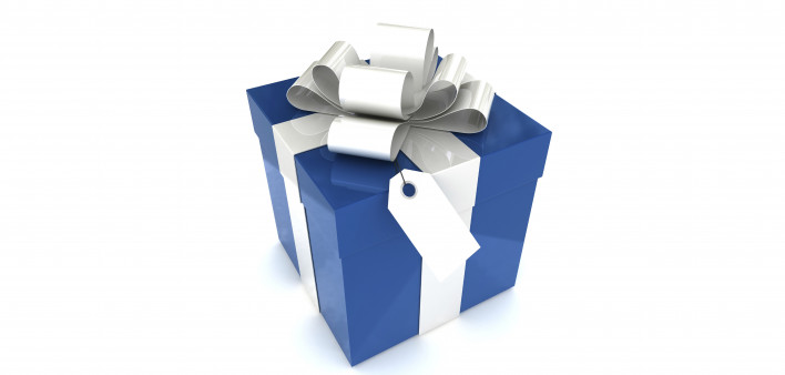 a blue gift box with a white ribbon