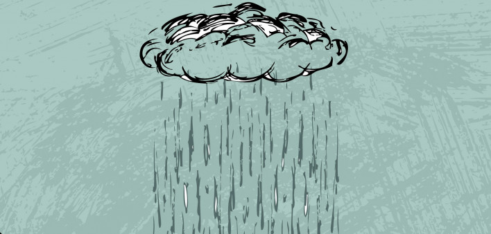 illustraion of sad man under raining cloud 