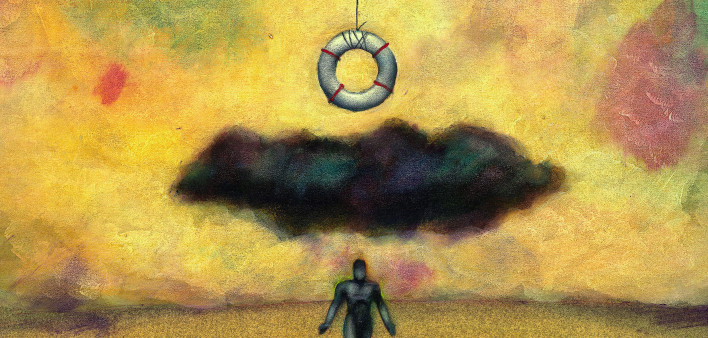 illustration of life preserver hanging over a black cloud and dark figure