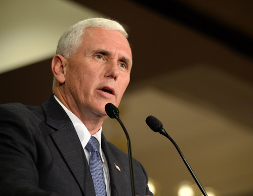 Republican vice presidential candidate, Indiana Governor Mike Pence speaks to supporters at a rally in Chesterfield, Missouri.