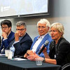 Scientists discuss research at the Microbiome Research Initiative 2018 Symposium at Fred Hutch. From left: David Fredricks, MD; Yasmine Belkaid, PhD; Robert Jenq, MD; David Cook, PhD; Stephen O’Keefe, MD; Johanna Lampe, PhD, RD; Neelendu Dey, MD.