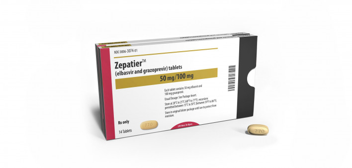 HCV drug Zepatier package and pill 