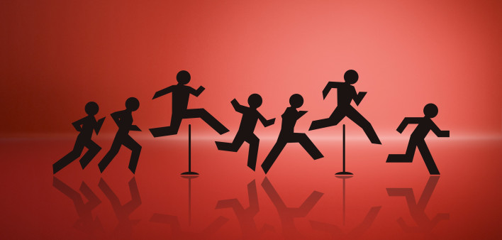 an illustration of cut out figures jumping over hurdles