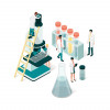 Doctors and researches illustration with microscope, beaker and test tubes