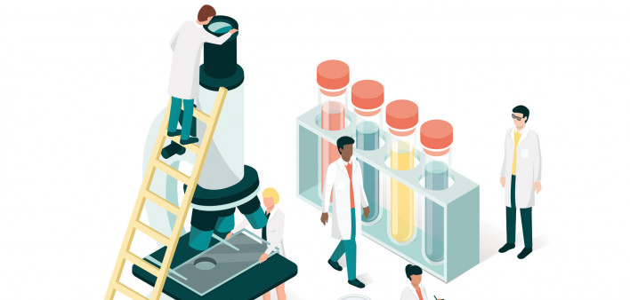Doctors and researches illustration with microscope, beaker and test tubes