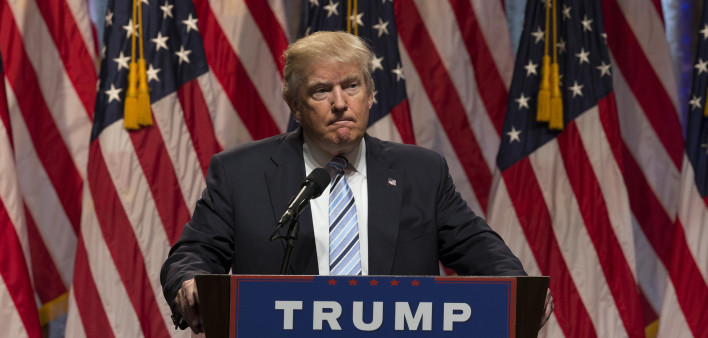 Donald Trump speaks during introduction Governor Mike Pence as running for vice president at Hilton hotel Midtown Manhattan