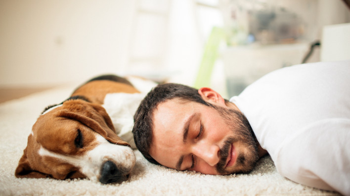 man and dog napping on floor rug