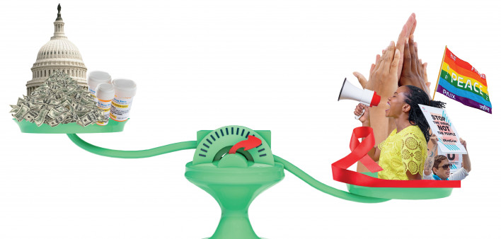 scale with healthcare and protest images