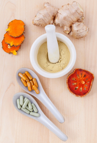 herbs, herbal medicine, ginger, turmeric, mortar, pestle, supplements