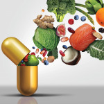 healthy food pouring into gold capsule illustration fruite vegetables salmon nuts coconut kale