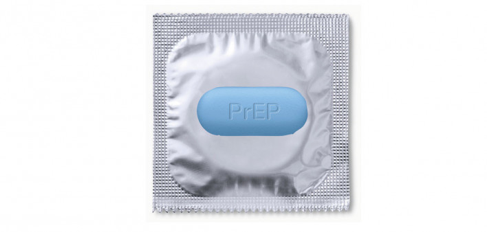PrEP Pill and condom in silver wrapper