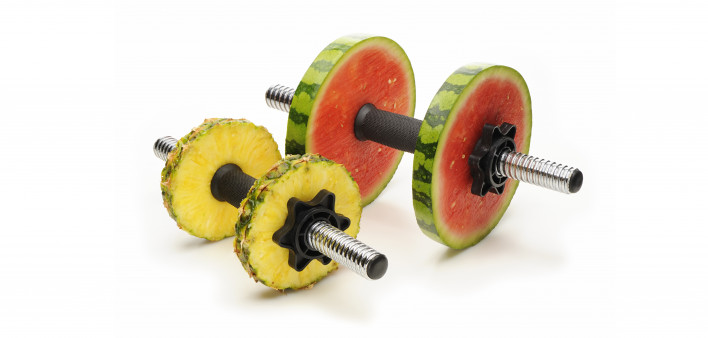 dumbell weights made with pineapple and watermelon slices