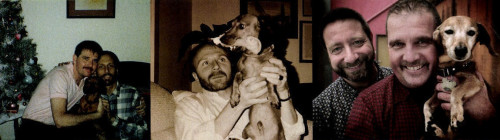 Dog Years: Henry (from left) with the author and Jack Sigesmund, 1987; with Richard Hackney, 1989; with Paul Grippardi and author, 2003