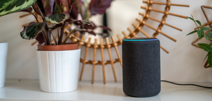 Amazon Alexa Echo Plus on a white table with green plants in the background