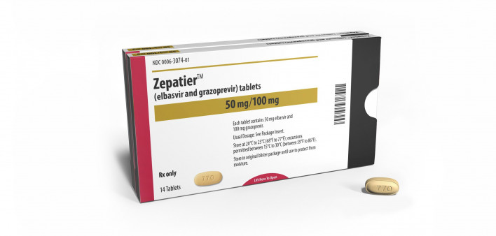 HCV drug Zepatier package and pill 