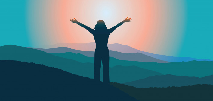 woman sunrise mountains illustration