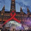 The red ribbon covers Vienna City Hall’s facade