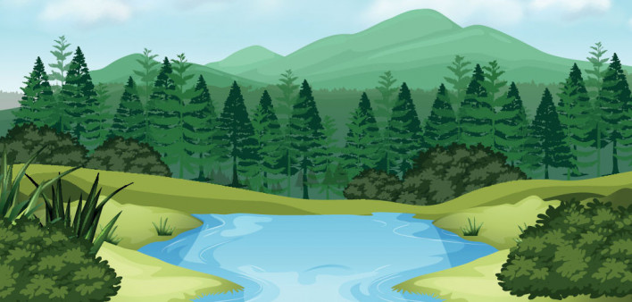 stream mountains evergreens illustration