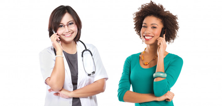 two health care workers two woman on the phone