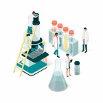 Doctors and researches illustration with microscope, beaker and test tubes