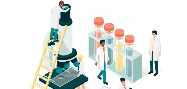 Doctors and researches illustration with microscope, beaker and test tubes