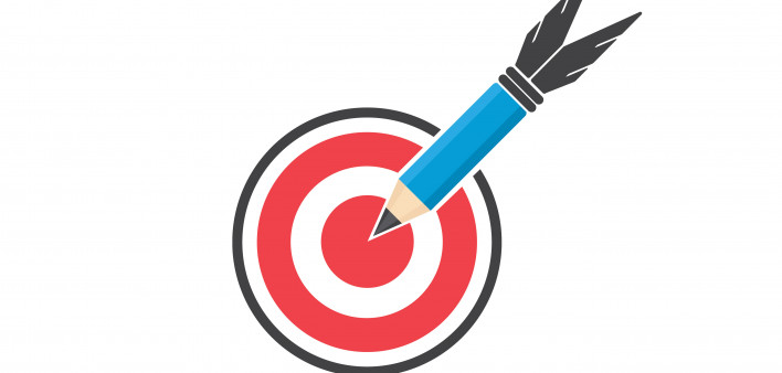 blue pencil/arrow hitting bull's eye of target illustration