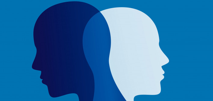 Two faces silhouette in profile that intersect. Double personality concept. Metaphor bipolar mental disorder
