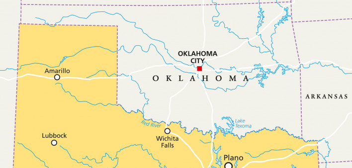 Oklahoma, pictured on a map of the Southwestern United States