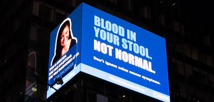 Through January 15, 2018, this video message will play in Times Square to teach young people about the signs and symptoms of colorectal cancer