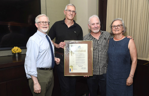 From left: New York City Assembly Member Richard Gottfried and Eric Sawyer, David Sipress and Ginny Shubert at the opening ceremony for the Ginny Shubert Center for Harm Reduction