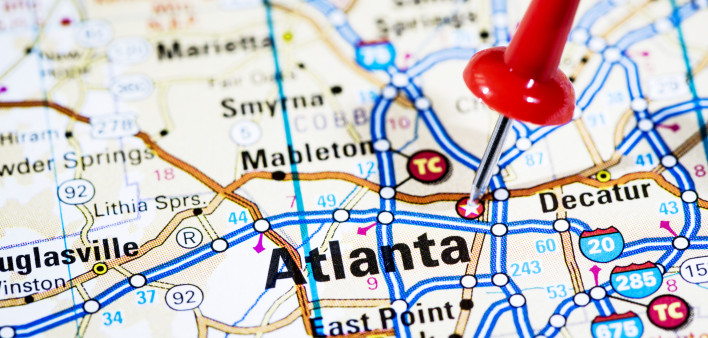 Atlanta on Georgia road map red push pin