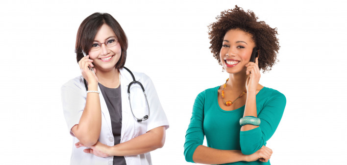 two health care workers two woman on the phone