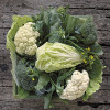 Green leafy vegetables in a wooden tray.