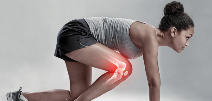 woman poised to start a running race illustration of bones showing through her leg