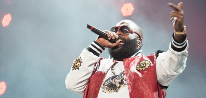 Rick Ross performs in his MMG Tour featuring Machine Gun Kelly, Meek Mill, and Wale Folarin at Sleep Train Arena in Sacramento, California on December 1, 2012