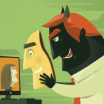 Evil businessman video chatting with smiling mask