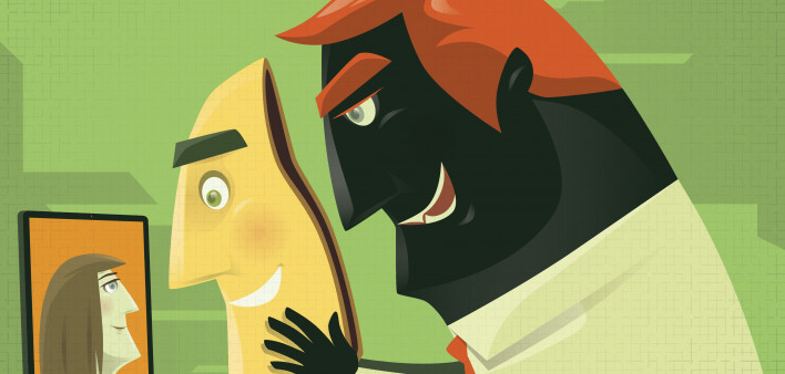 Evil businessman video chatting with smiling mask