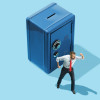 man in front of bank vault piggy bank