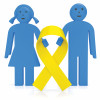 blue male and female figures with yellow ribbon