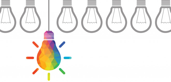 illustration of light bulbs hanging, one colorful bulb lit